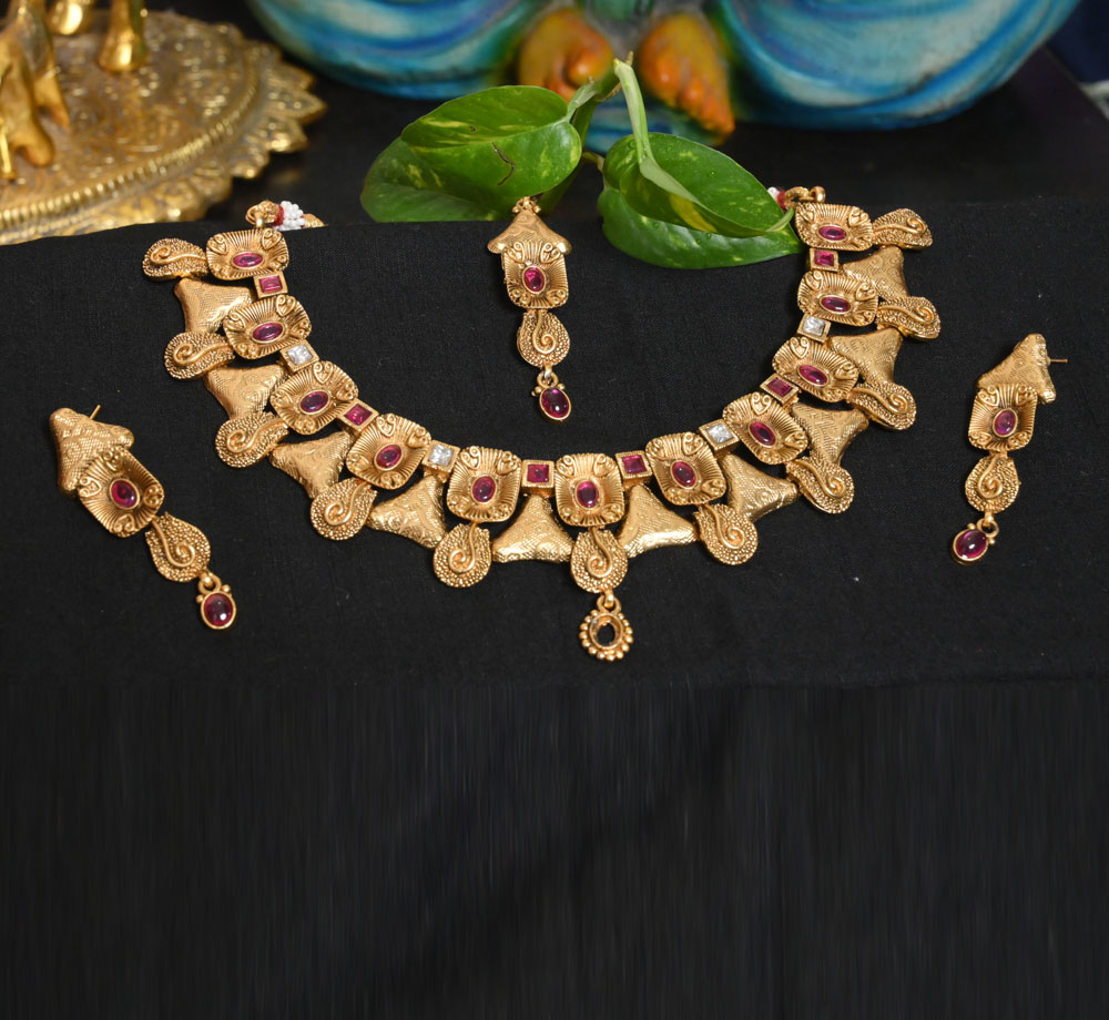 Antique Gold Plated Floral Necklace Set With Jhumka Earring