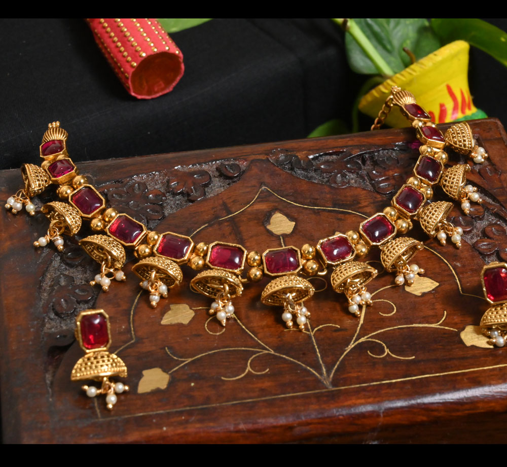 Premium Quality Red,Green Stones Saradu Addigai&Mango,Jumka Earrings Design Gold  Necklace Set Online-