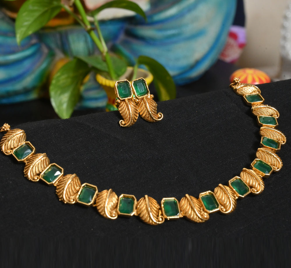 Glory Grace – Gold Plated & Green Stone Studded Necklace Set with Earrings  – Glory